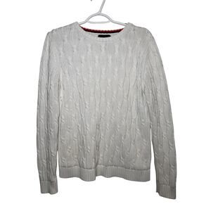 Lands End Drifter white fisherman cable knit sweater womens large preppy classic